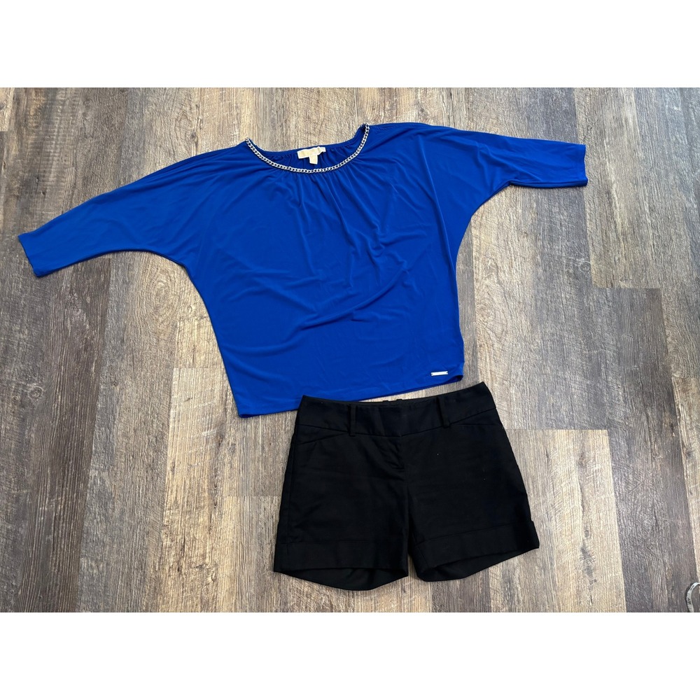 Michael Kors Royal Blue Chain Neck Cold Shoulder Batwing Top Small